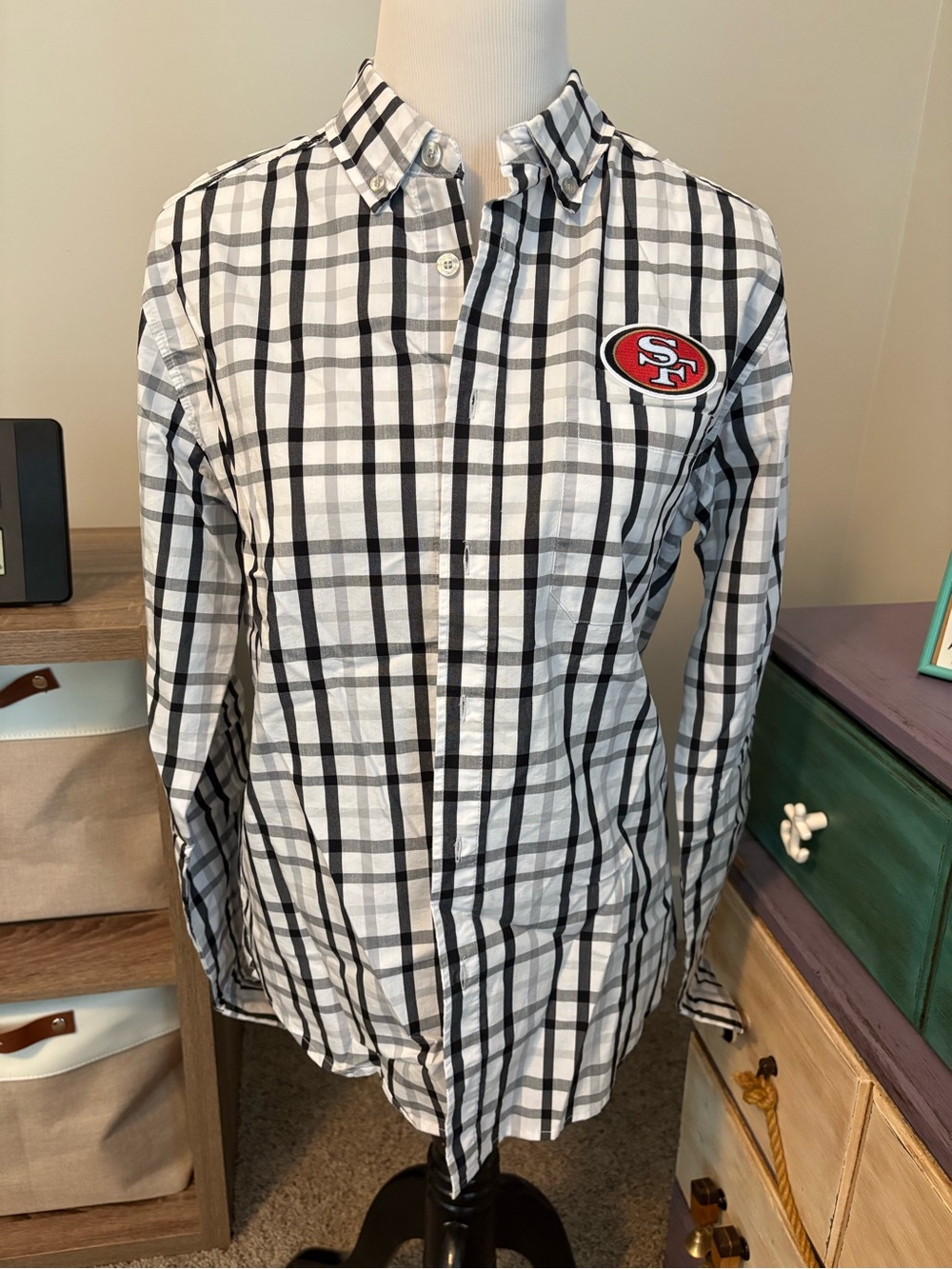 SF 49ers Black & White Plaid Button-Down Shirt